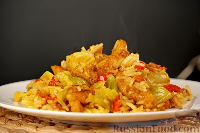 рис длиннозёрный, куриное филе, капуста белокочанная, перец сладкий, морковь, лук репчатый, чеснок, соль, перец чёрный молотый, перец красный молотый, куркума молотая, паприка молотая, зира, масло растительное