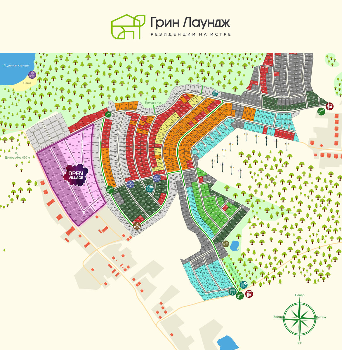 Карта коттеджного посёлка «Грин Лаунж», расположенного в 58 км от МКАД, Волоколамское и Новорижское шоссе 