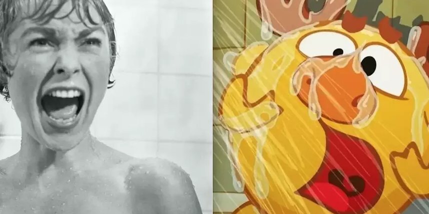    Лосяш пережил кошмар в душе, совсем как героиня фильма "Психо".Кадры из "Психо" и "Смешариков"