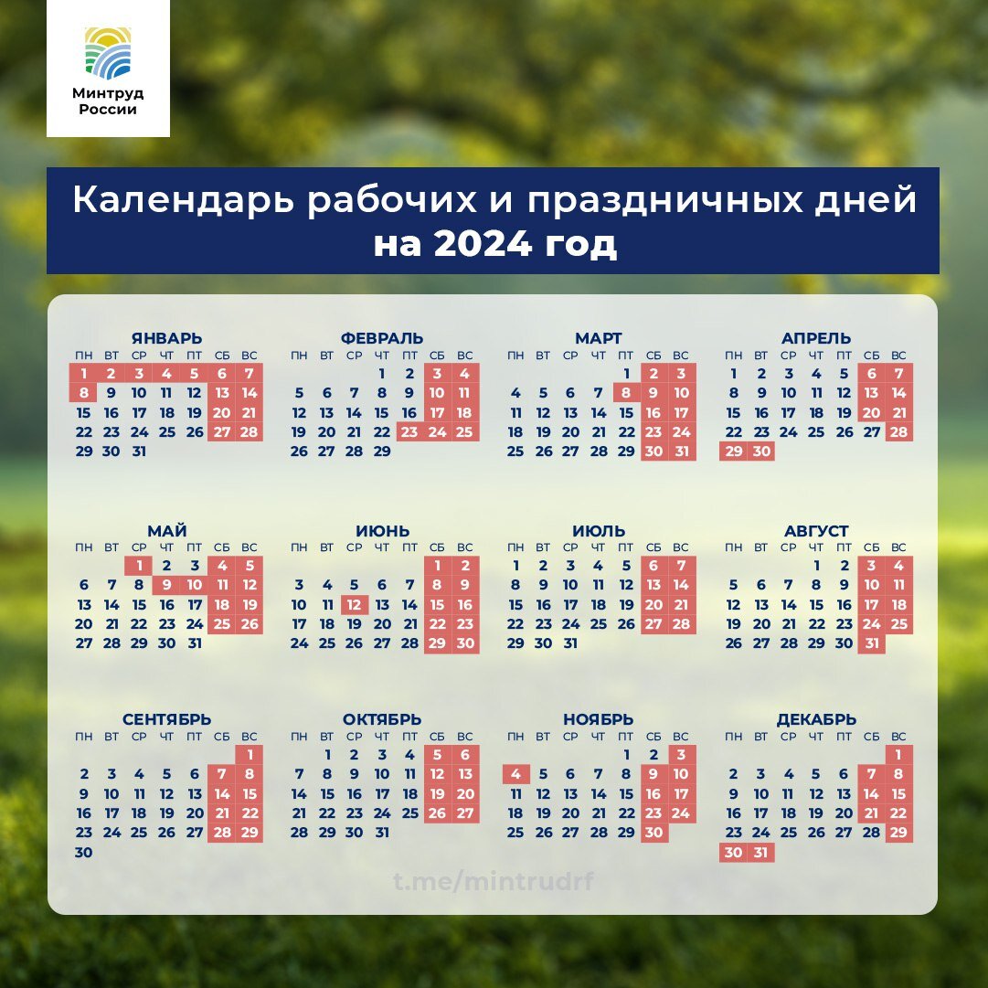 Напоминаем! Нерабочие праздничные дни, совпадающие с выходными, переносятся на рабочий день. Таким образом, будем отдыхать: 
🔹 с 1 по 8 января 2024 г. (сами новогодние каникулы продлятся 10 дней и начнутся 30 декабря 2023 года);
🔹 с 23 по 25 февраля;
🔹 с 8 по 10 марта;
🔹 с 28 апреля по 1 мая и с 9 по 12 мая (на "майские праздники" будем дважды отдыхать по 4 дня подряд);
🔹 12 июня;
🔹 с 3 по 4 ноября;
🔹 с 29 по 31 декабря.

Подготовили для вас календарь, где отмечены все рабочие, выходные и праздничные дни в 2024 году. Сохраняйте себе и делитесь с друзьями 😉

Подписаться на Минтруд России

#минтруд (https://t.me/mintrudrf) #минтруд_работа #праздники #календарь