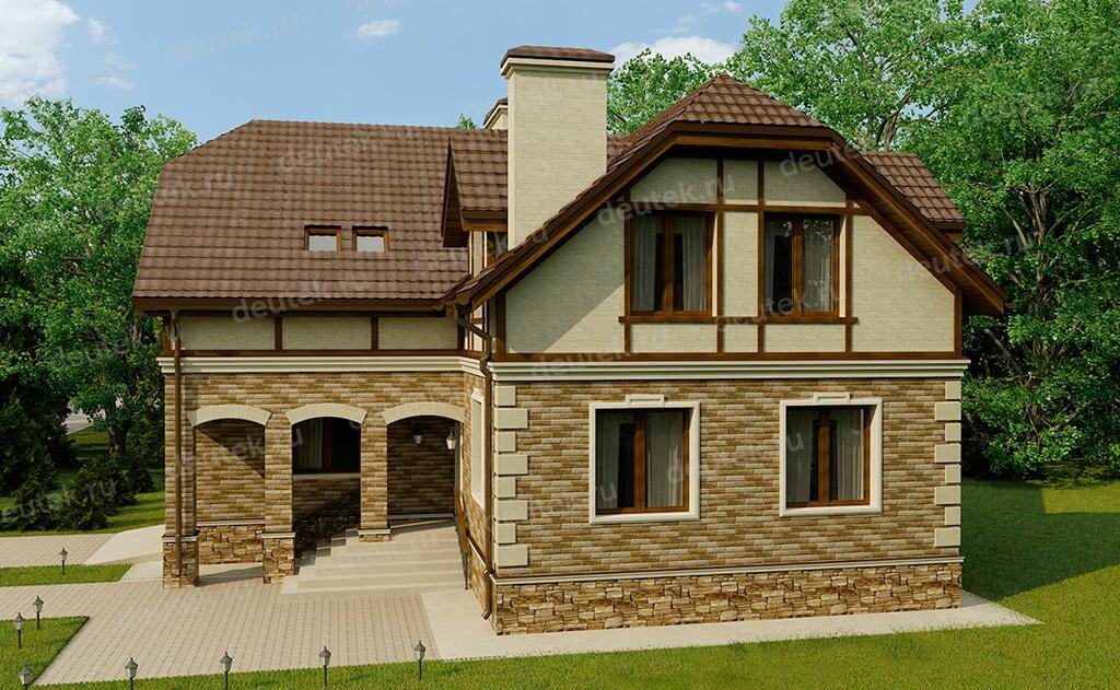 Проект углового дома 250 м2 из керамоблока с мансардой, гаражом и кабинетом -  DT0344