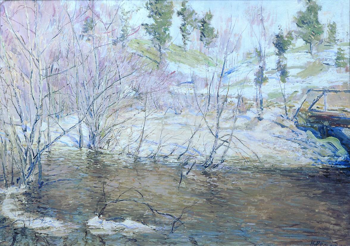"Весенний ручей", 1953 год. Картон, масло. 51 x 72 см. Ромадин Николай Михайлович
