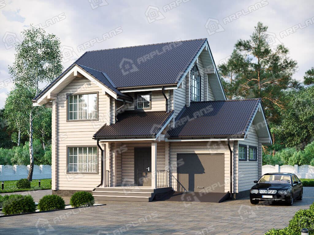 Фото 1 двухэтажного дома из бруса с мансардой, 2 спальнями и гаражом. 150 кв м. Источник arplans.ru Проект ДС-165