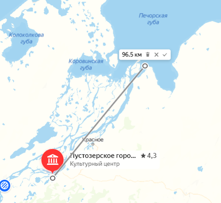 Расстояние до Печорской губы. Яндекс.Карты