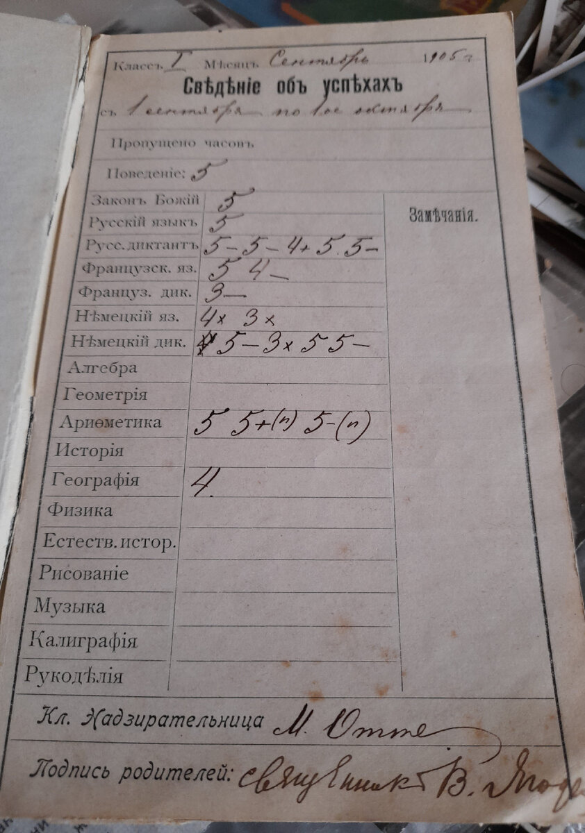 Табель Юлии Ягодиной  - внизу личная подпись Отца Василия. Фото из личного архива автора.