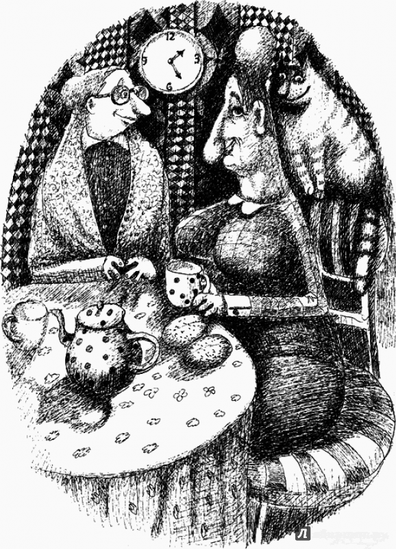 Библиотекарь Елена Степановна с читательницей в библиотеке. Рисунки Александры Николаенко