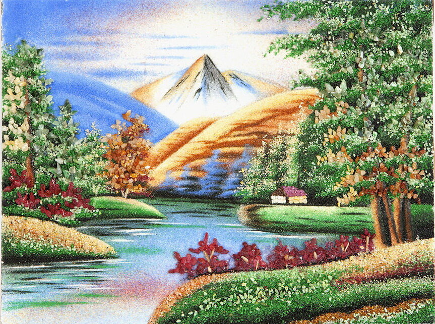 Картина "Горы и река" из самоцветов.