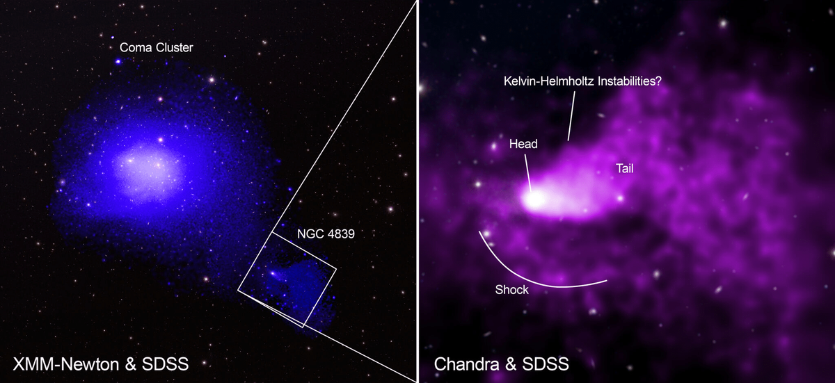    Снимок телескопа XMM-Newton (слева), изображение телескопа Chandra (справа) / © X-ray: Chandra: NASA/SAO/Univ. of Alabama/M. S. Mirakhor et al.; XMM: ESA/XMM-Newton; Optical: SDSS; Image processing: N. Wolk