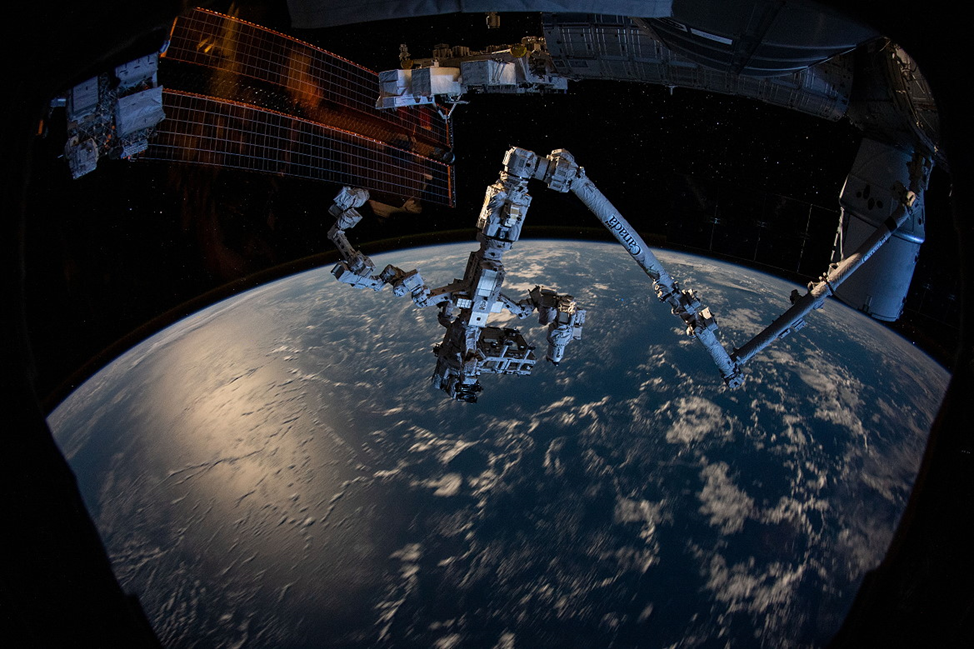 Станционный манипулятор SSRMS с «ловкой» насадкой Dextre на фоне ночной Земли. Фото: spacefacts.de 