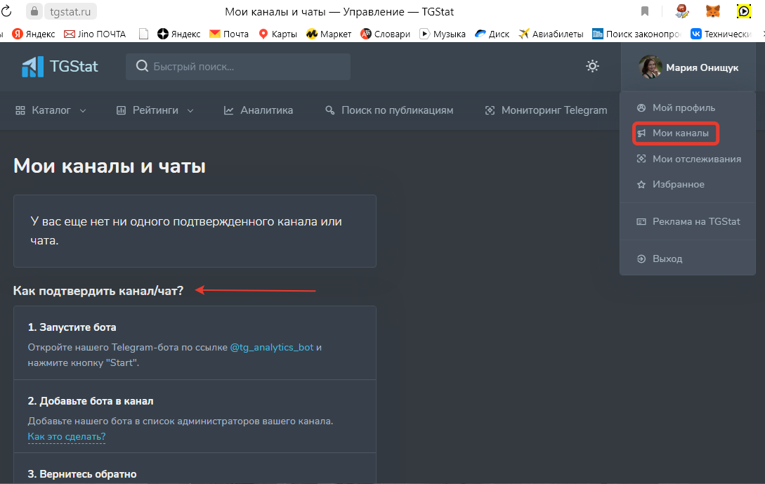 Раздел "Мои каналы" в tgstat