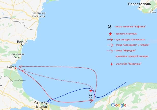 Карта юго-западного участка Черного моря и схема боя