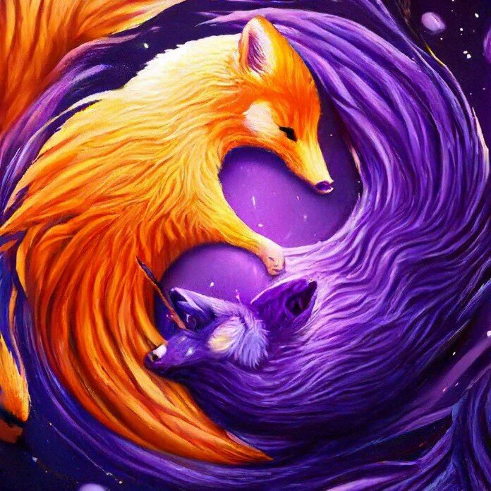 5. детально прорисованный фиолетовый инь янь в две оранжевые лисы прыгают на инь янь в 3D 4k