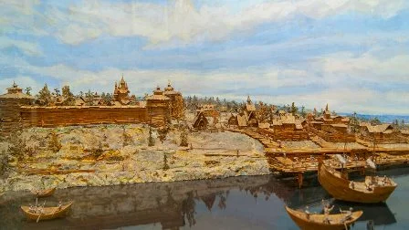 1616, 5 (15) июля - Царским указом Михаила Федоровича запрещено иностранным торговым и промышленным судам плавать в Мангазею (Мангазейский острог с посадом. Реконструкция по раскопкам М. И. Белова)