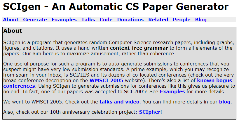 SCIgen – старый по меркам интернета проект, но его сайт работает до сих пор. На изображении – скриншот шапки сайта проекта с описанием программы