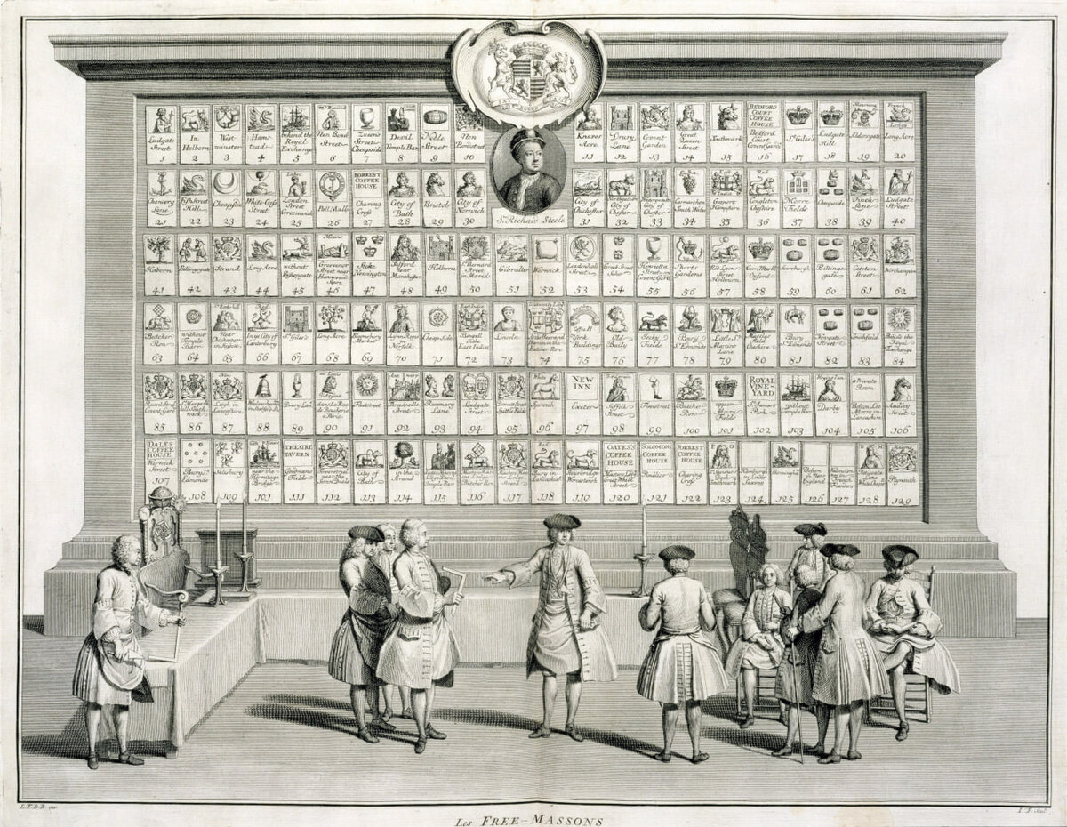 Getty Images / Historica Graphica📷Масоны с вывесками различных лож, 1733 год.