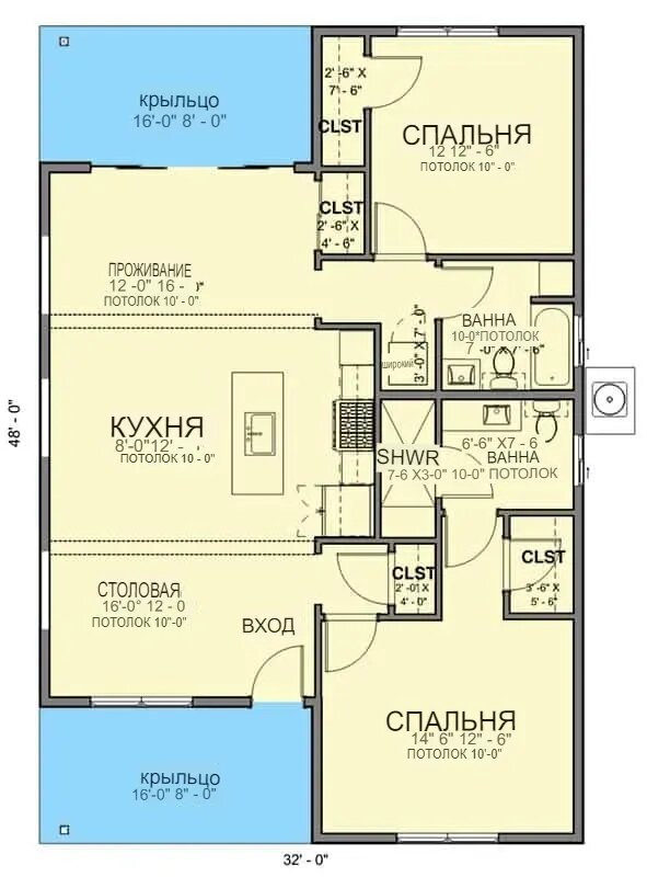 Проект одноэтажного дома 2 спальни