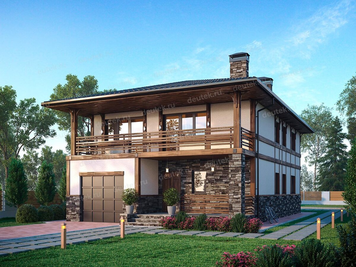 Проект двухэтажного дома 145 м2 с гаражом и балконом - DT3002