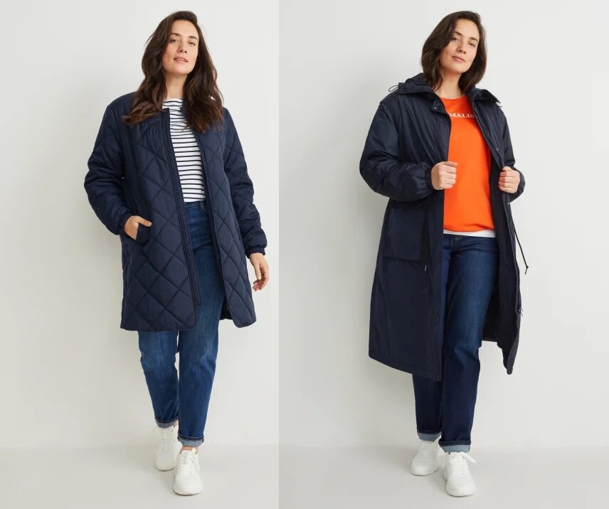 Сайт C&A. Стеганое пальто или стильная парка по 12000 р. Размеры 46-58 (наш 52-64)