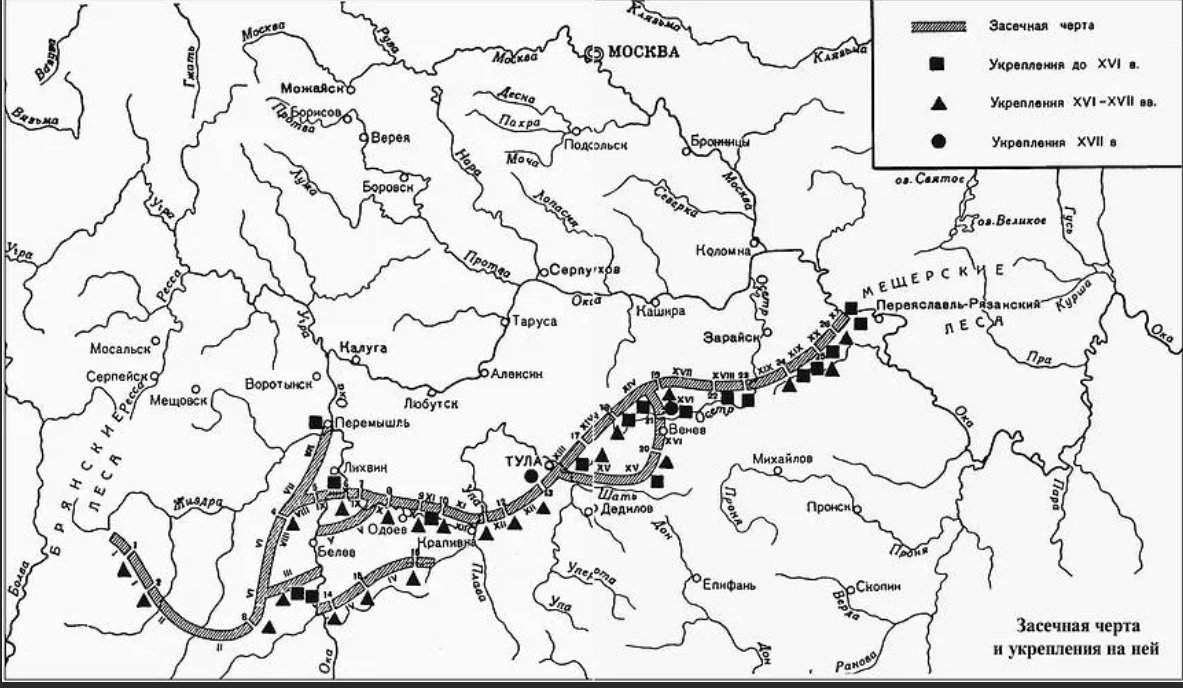 Карта линии белгород. Большая Засечная черта в Тульской области. Тульская Засечная черта 16 век. Тульская (большая) Засечная черта XVI В.. Большая Засечная черта в Тульской области 16 век.