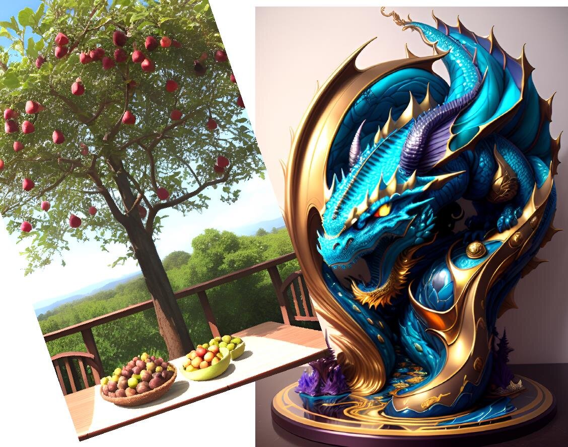 на картинке слева стол с плодами инжира, фигового дерева. Оно же за столом. На правой картинке, спящий дракон. Почему так? А нейросеть так считает:) 