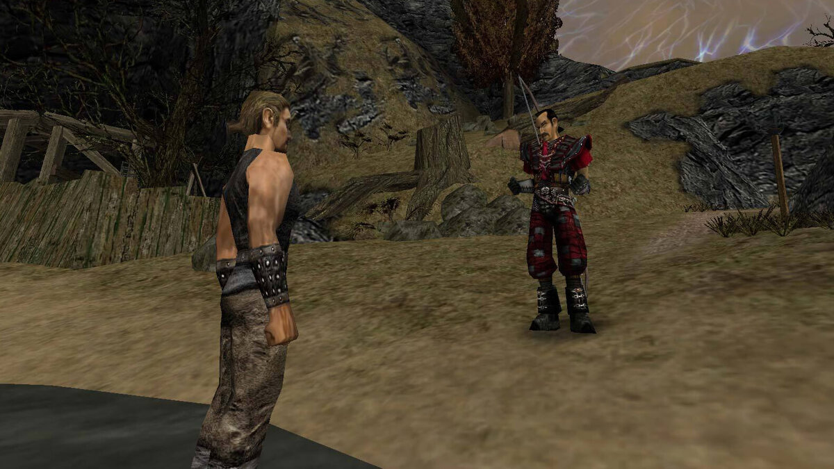 - Меня зовут...
- Я не желаю знать, кто ты такой.
Типичная для Безымянного ситуация на протяжении всей серии (Безымянный слева)