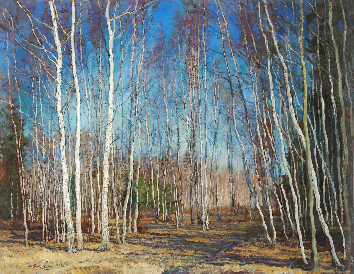 "Голубая весна", 1930 год. Дерево, масло 44 х 56,5 см. Бакшеев Василий Николаевич