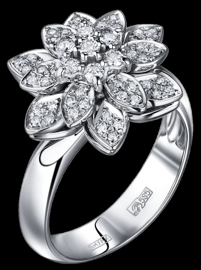 Кольцо "Хризантема", белое золото 585 пробы, россыпь прозрачных бриллиантов