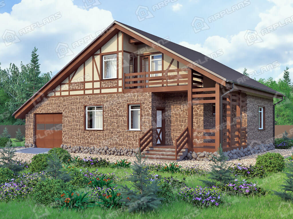 Фото 1 дома из газобетона с мансардой, 4 спальнями, балконом, газовой котельной, гаражом и террасой. Источник arplans.ru Проект К-033