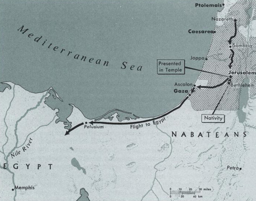 Маршрут перехода Святого Семейства из Назарета в Вифлеем. The Macmillan Bible Atlas. Israel. 1993.