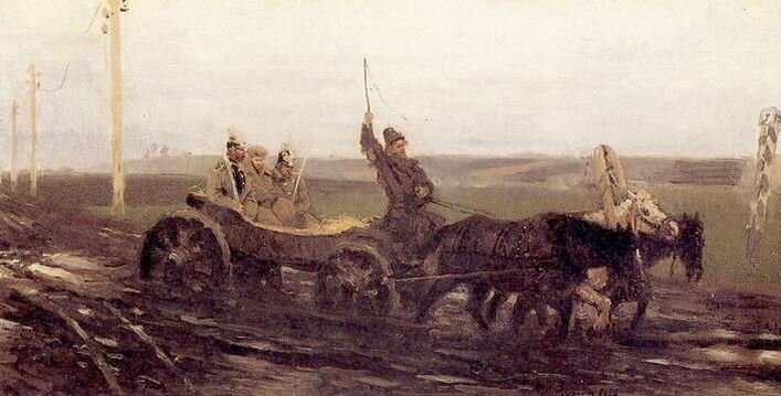 Старая русская дорога из глубинки на картине И. Е. Репина 1876 года. Обратите внимание на электрические столбы на заднем плане, свидетельствующие о том, что Интернет уже в те времена в эту глубинку подведен, а вот дороги строить в ту же глубинку никто не додумался