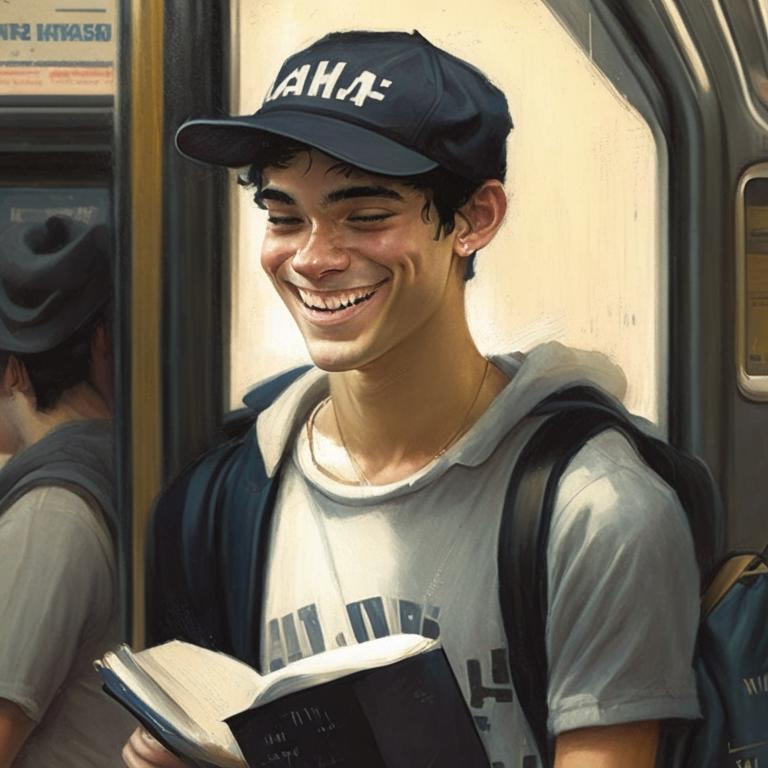 promt: Молодой парень, черные волосы, в руках книга, на голове бейсболка, смущенная улыбка,  выходит из вагона поезда
