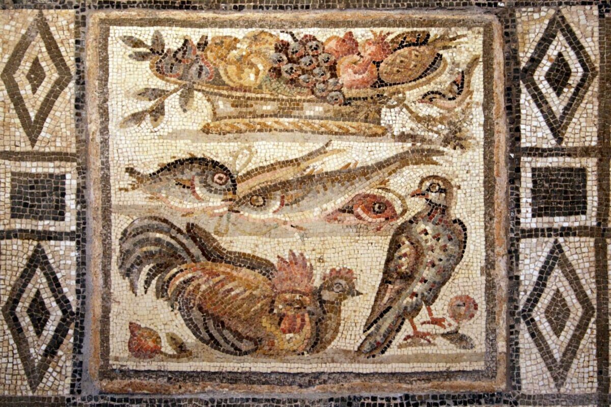 Мозаичный натюрморт с фруктами на блюде, «ананас» крайний справа. Помпеи, I в. н.э.