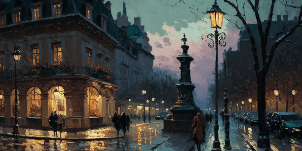  , Konstantin Korovin: A vibrant Parisian street scene at dusk, with glowing streetlights