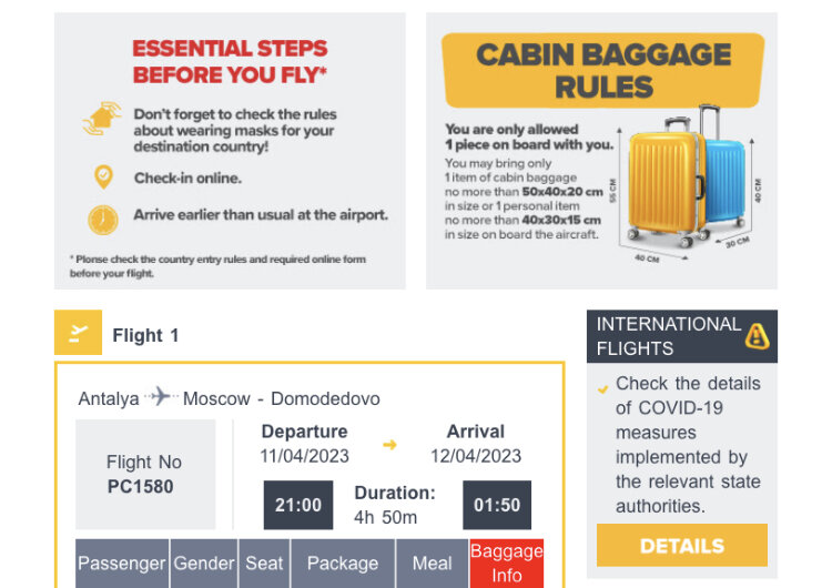 Скриншот бронирования Pegasus Airlines