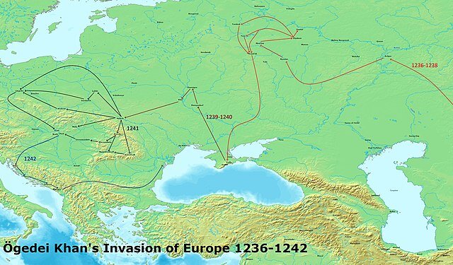 Карта Западного похода монголов в 1236-1246 годах.  Фото из свободных источников в Интернете. 