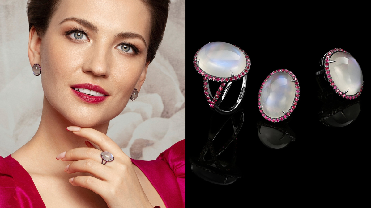 Пусеты и кольцо ECLIPSES ROSE с лунными камнями и рубинами, OLGA SHATROVA.