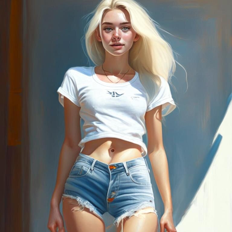 Молодая девушка в джинсовых шортах и белой майке позирует для журнала Playboy