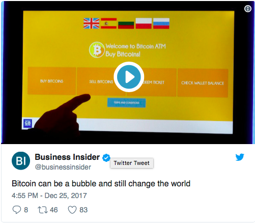 «Биткоин может быть пузырём и всё равно изменить мир», - Business Insider (@businessinsider), 25 декабря 2017 года.