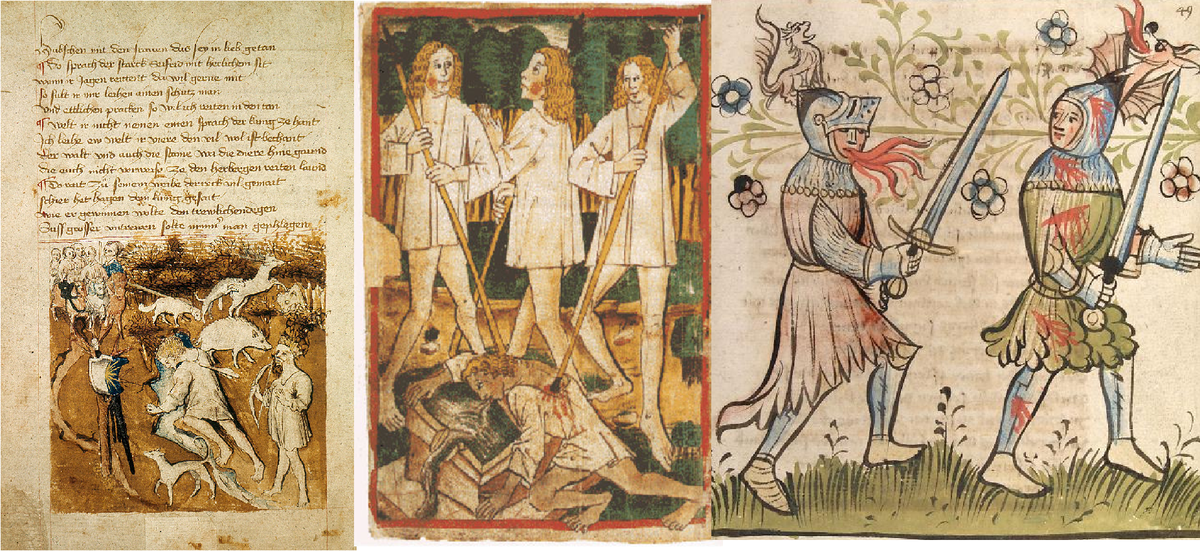 Сцена убийства Зигфрида. Миниатюры из трёх разных манускриптов.