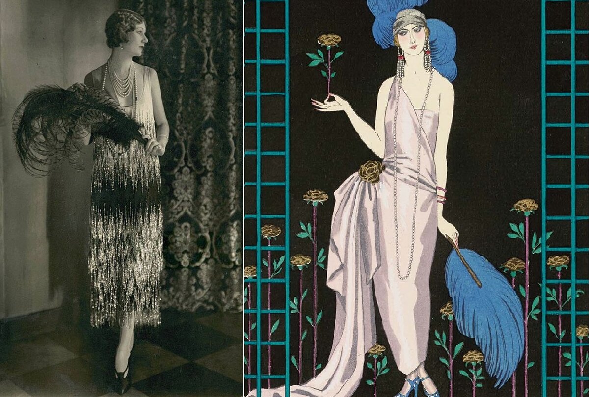 Модные силуэты 1920-х годов. Справа - рисунок Жоржа Барьбе.