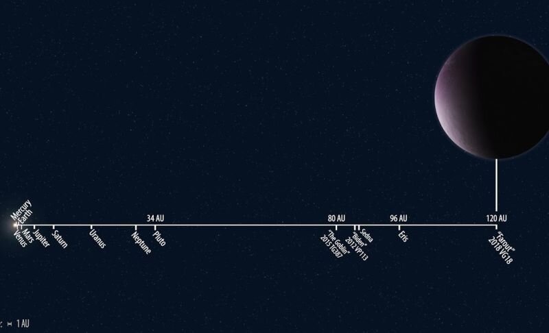 Расстояние 2018 VG18 от Солнца по сравнению с другими известными объектами Солнечной системы. (Предоставлено: Roberto Molar Candanosa/Scott S. Sheppard/Carnegie Institution for Science.)