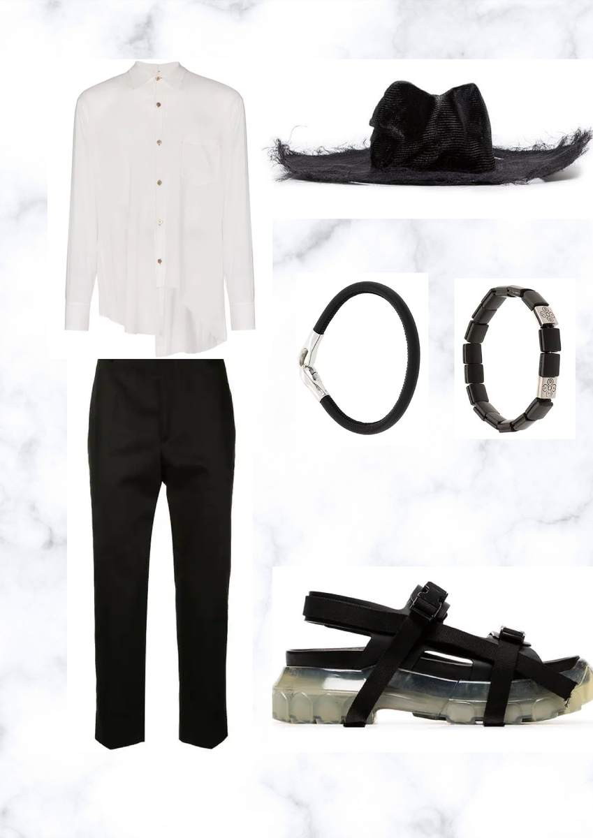 Состаренная асимметричная рубашка от Sulvam за 30 000р. Состаренная соломенная шляпа от Ann Demeulemeester за 63 500р. Сандалии 'Tractor' от Rick Owens за 63 000р. Укороченные брюки от Jil Sander за 42 000р. Справа браслет с плоскими бусинами из оникса от Nialaya Jewelry за 14 000р. (+ годовая страховка бесплатно). Слева классический браслет от Bottega Veneta за 15 000р. Итго: 227 500р.