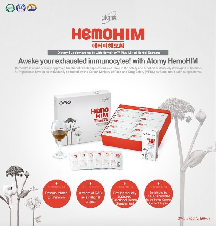  Lifemax - как защитить организм от вирусов. 
 
XemoHim- препарат, не имеющий аналогов в мире.

- 5 зарегистрированных патентов в Корее, 
 6 патентов за рубежом ( Япония, США, Германия , Франция , Англия , Италия ) .
HemoHim– концентрированный продукт, состоящий из экстрактов трав, выращенных в Корее., Для поддержания, восстановлении иммунной системы в работоспобном состоянии. Доказано множеством  испытаниями. 

-Безопасность, эффективность доказаны в ходе клинических испытаний Комитетом по контролю качества продуктов питания и лекарственных препаратов (KFDA) как важный растительный препарат, помогающий поддерживать функции иммунной системы организма.
 HemoHIM создан
командой отдела пищевых исследований и биотехнологий Корейского научно-исследовательского института атомной энергетики (KAERI) для людей, имеющих дело с радиационным излучением (Команда отдела пищевых исследований и биотехнологий Корейского научно-исследовательского института атомной энергетики/Корейский онкологический центр).

HemoHIM - пробуждает истощенные иммуноциты, придает силу, обновляет клетки организма. Является онкопротектором. 

-Активизирует работу NK клеток. Натуральные киллеры (англ. Natural killer cells (NK cells)) – это большие гранулярные лимфоциты, образующиеся в костном мозге, обладают токсичностью против опухолевых клеток и клеток, зараженных вирусами.

- Фитонциды  укрепляют иммунитет, эффективно воздействия на организм в целом. 
В теле здорового человека имеются раковые клетки, но при малейшем дисбалансе при стрессовых ситуациях, при пониженном иммунитете,  раковые клетки пробуждаются,начиная "атаку" на  организм. Важно постоянно поддерживать иммунную систему, чтобы эти клетки не доминировали.

-Испытания показали, HemoHim по своему  эффекту в пять раз превосходит эффект от корня женьшеня, лечебных грибов, используемых в медицине.

- HemoHim, улучшает скорость восстановления  выживаемости с  пониженным уровнем белых клеток крови и лимфоцитов в периферической крови. Пероральное применение HemoHim  страдающим дефицитом иммунитета, привело к существенному восстановлению  количества лимфоцитов и лейкоцитов,  активации НК-клеток.
 улучшили действие цитокинов и иммуноцитов.

-Ингредиенты:
Корень дудника (Angelicae radix) имеет потогонное, мочегонное, отхаркивающее, противовоспалительное действие, с помощью него можно активизировать кишечник, избавится от бродильных процессов и полностью продезинфицировать организм. Помогает при поносе, метеоризме, коликах в кишечнике и хронических бронхитах.
-Корневище любистки сычуаньского (Rhizoma Chuanxiong) нормализует кровоток и движение витальной энергии «ци», обладает болеутоляющим и противопростудным действием, позитивно влияет на работу сердца и коронарных сосудов.
-БЕЛЫЙ ПИОН эффективен при варикозном расширении вен нижних конечностей, при геморрое, при снятии отеков и облегчения боли при травмах, для избавления от синяков после ушибов.

- Оказывает бактерицидное действие на стафилококк, холерный вибрион, дизентерийную палочку и палочки брюшного тифа, дифтерии, туберкулеза, угнетает рост болезнетворных грибков. Благотворно влияет на клетки кожи, обновляя эпидермис.

Способствует:
-очищению крови, 
-повышению иммунной системы человека, 
-повышению выносливости к физическим нагрузкам, -снижению воздействия стресса. 

Рекомендован:
-в период физических и умственных работ, 
-для снятия стрессового состояния и усталости, 
-Онкобольным, во время приема химиотерапии, 
-Для профилактики раковых заболеваний
-При сахарном диабете, 
-При нарушениях работы эндокринной системы
- Больным гипертонией, артритом, малокровием и аллергией.

КАК ПРИОБРЕСТИ :
1. Для регистрации в магазине получите у нас ID, пишите, пришлём.
 