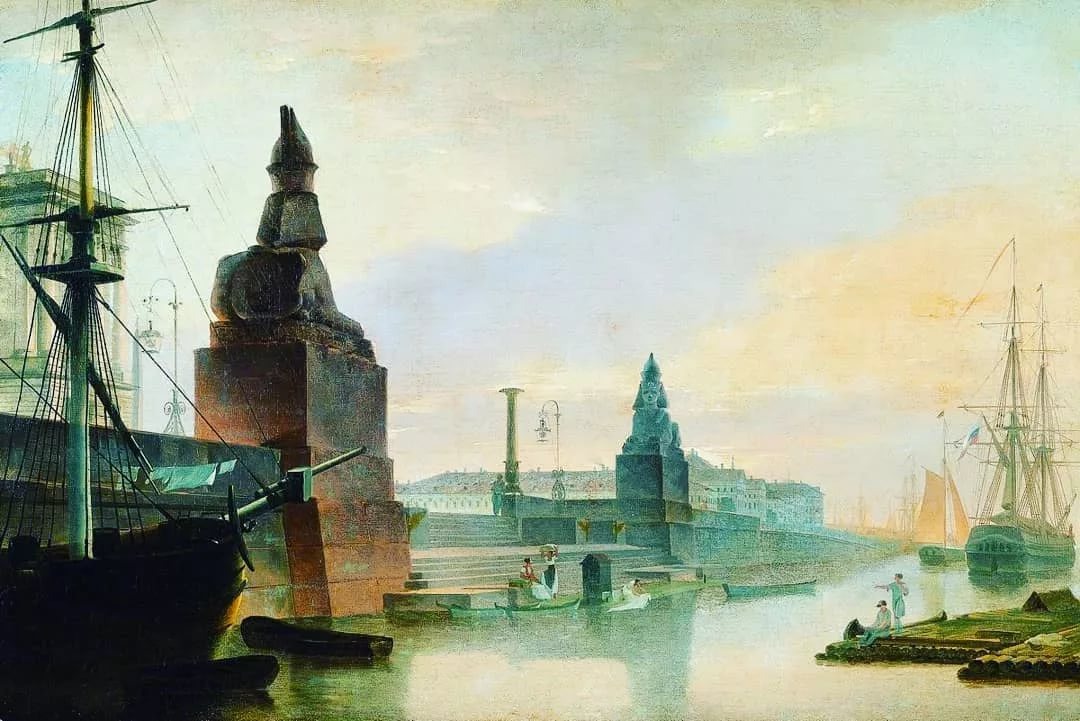 М.Н. Воробьев. Набережная Невы у Академии художеств (Вид пристани с египетскими сфинксами днем). 1835