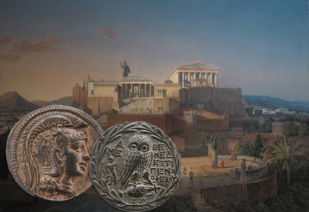 Акрополь в Афинах (1846 г.) Лео фон Кленце . Имя Афины, вероятно, произошло от названия города Афины. Neue Pinakothek Web Gallery of Art. Серебряная тетрадрахма из Афин, «новый стиль» (ок. 200–150 до н.э. Cabinet des Médailles, Public domain, via Wikimedia Commons