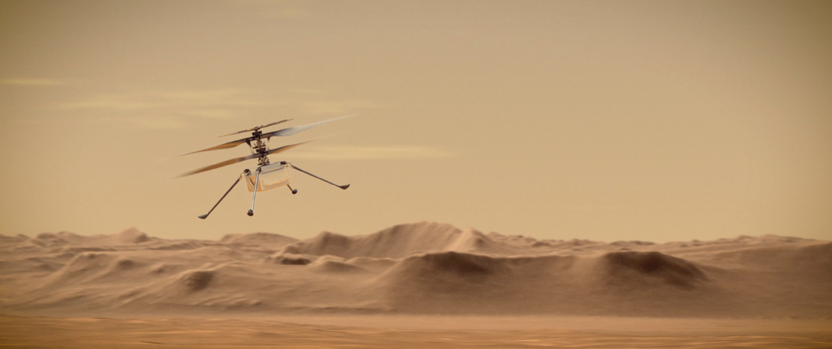 Ingenuity Роботизированный беспилотный вертолёт, совершивший 19 апреля 2021 года полёт на Марсе, став первым летательным аппаратом с собственным двигателем, предназначенным для многократных полётов в атмосфере другого небесного тела. Источник Википедия. 