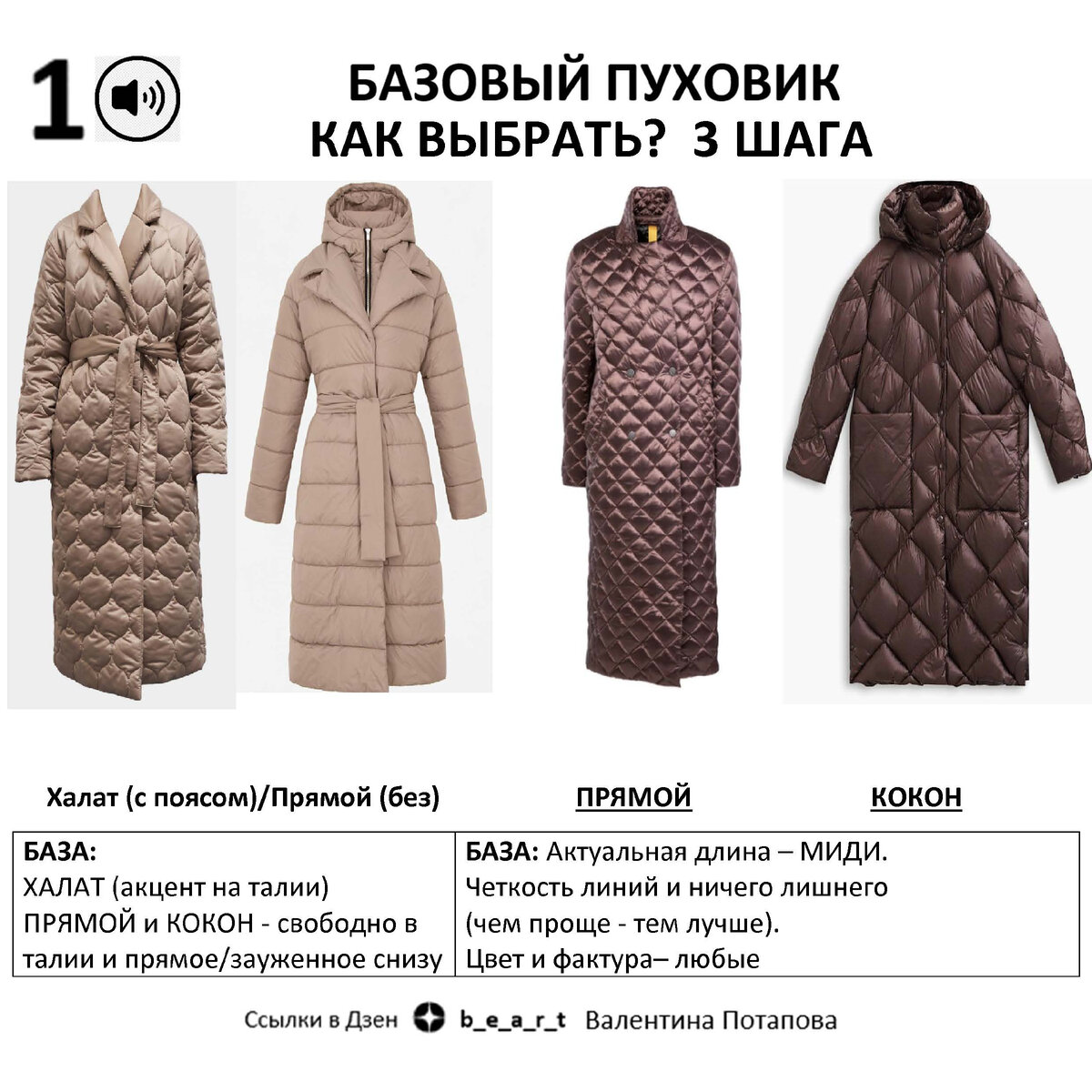 
КАК ВЫБРАТЬ БАЗОВЫЙ ПУХОВИК (листаем ленту):
1 шаг: Выбираем фасон: - ХАЛАТ (акцент на талии) - ПРЯМОЙ и КОКОН - свободно в талии и прямое/зауженное снизу Пуховик 2 подборка:
- Brusnika 005-Па3678-15.1
- GATE31 33128JK
- Brusnika 005-Па3184-03
- Wildberries 57933908 naumi.ru
- Charuel 175330040-1701