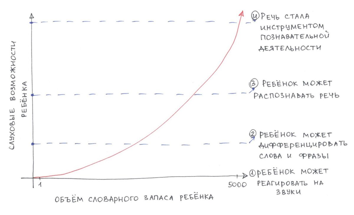Рис 2. Зависимость перехода с одного этапа на другой от объема слухового словаря. 
