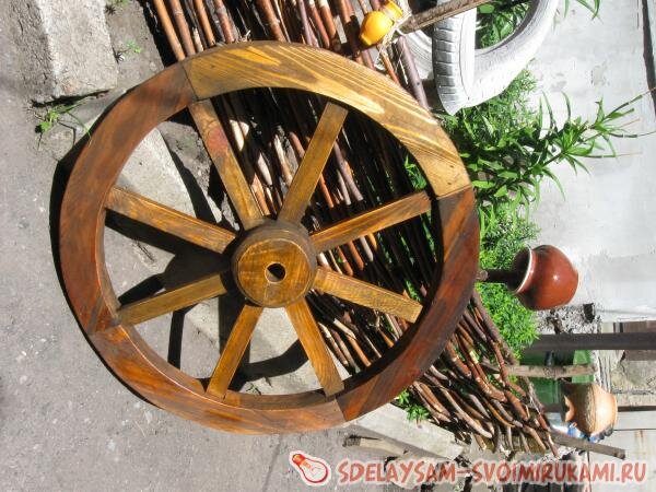 Деревянное колесо. Старинная телега. Дизайн уличного интерьера своими руками