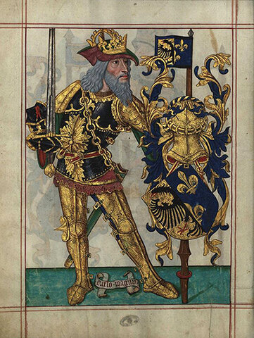 Карл Великий. Иллюстрация из манускрипта «Livro do Armeiro-Mor». 1509 год. 
© Arquivo Nacional Torre do Tombo